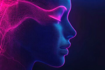 Obraz premium Neon face silhouette in cyberspace. Digital technology abstract conceptual banner. Human neon face in future tech line art style. Neural network mind in digital virtual reality. with generative ai