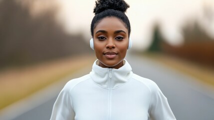 Portrait of a woman receiving real time running performance analytics and voice guided feedback through her smart earbuds during an exercise session