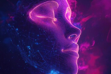 Obraz premium Neon face silhouette in cyberspace. Digital technology abstract conceptual banner. Human neon face in future tech line art style. Neural network mind in digital virtual reality. with generative ai