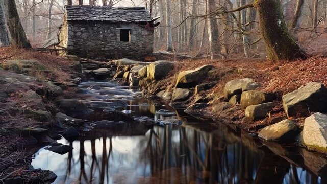 Old stone mill is reflecting in the calm water of a river running through an autumnal forest, creating a peaceful and serene atmosphere
