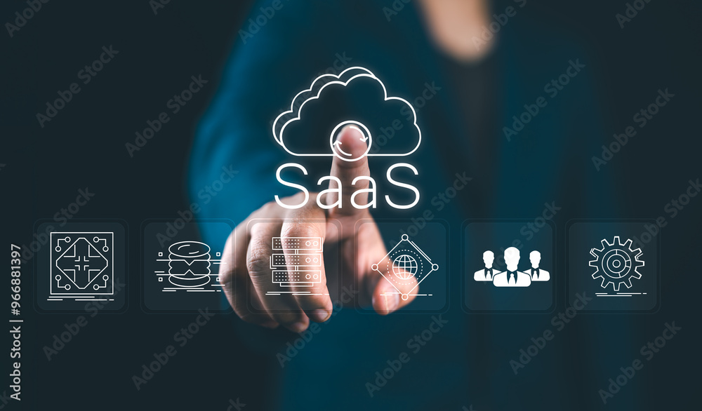 Poster SaaS, software as a service concept. Businessman touching cloud SaaS icon on virtual screen. software services on cloud system. Internet and networking technology.
