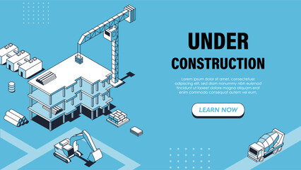 Isometric under construction poster. Construction crane with building. Tractor and concrete mixer. Maintenance page. Landing webpage design. Linear vector illustration