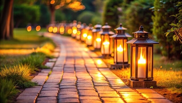 Silhouette of lanterns lighting pathway at night