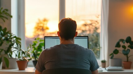 Man participating in a live streamed fitness class engaging in real time interaction and with the online instructor and fellow participants  This digital