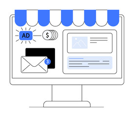 Computer screen with store awning displaying icons including an envelope with a badge, coins, ad, photo, and document. Ideal for online business, e-commerce, marketing, email, and finance.