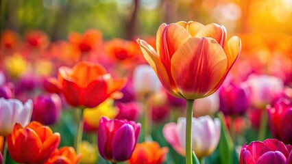 Fototapeta premium Silhouette of red, orange, and yellow tulip flowers next to pink petalled specimen in ambient panorama