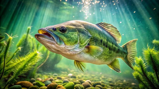 A largemouth bass swims effortlessly in crystal-clear water against a lush green backdrop.