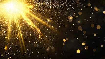 Obraz premium Golden Light Rays and Glitter Bokeh on Black Background