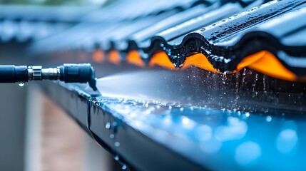 A close-up of a roof being cleaned with a pressure washer, showcasing water splashes.