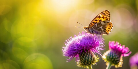 Obraz premium Silhouette of small butterfly over thistle violet flower, pollinating