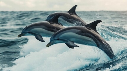 Fototapeta premium A pod of energetic and playful dolphins leaping through the dynamic waves of the vast and vibrant ocean showcasing their graceful agility and joy as they explore their marine environment