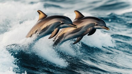 A lively pod of dolphins joyfully leaping and splashing through the crashing waves of the open ocean showcasing their grace power and playful nature as intelligent marine mammals