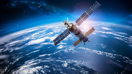 Obraz premium Satellite orbiting Earth with a view of space and planet’s atmosphere