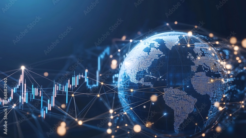 Poster Global Network with Candlestick Charts and Illuminated Nodes