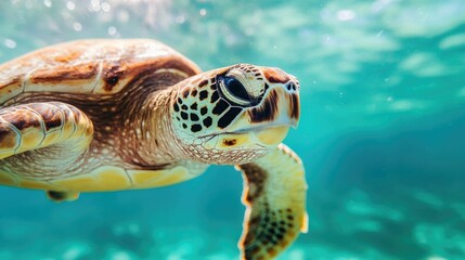 Fototapeta premium Majestic green sea turtle gliding effortlessly through the serene aquamarine waters of a lush underwater ocean environment