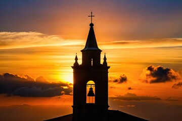 Silhouette of St Sebastian Basilica Steeple in Ferla Sicily at sunset