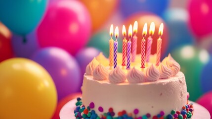 A festive birthday setting highlights a beautifully decorated cake with lit candles, surrounded by colorful balloons, signaling joy and celebration