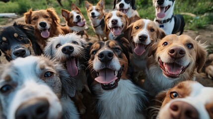 A group of dogs create a cheerful atmosphere, posing closely together with bright smiles, showcasing their playful spirits in an outdoor setting
