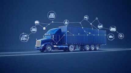 A blue semi-truck with a white container drives on a glowing road. A network of white icons around the truck represents the many steps of transportation.