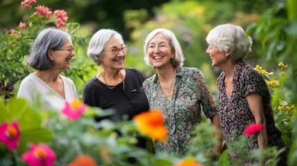 Four mature women stand together in a lush garden, smiling and engaging joyfully among colorful flowers, sharing a moment of camaraderie and happiness