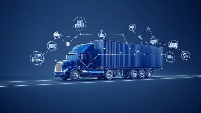 A blue semi-truck with a white container drives on a glowing road. A network of white icons around the truck represents the many steps of transportation.