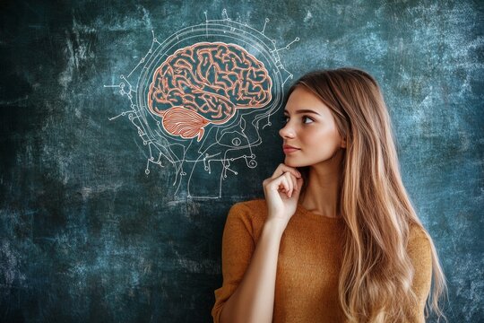 Connectomics connectome and cognitive bias thoughtful woman in front of a chalkboard with brain sketch symbolizing education learning and knowledge