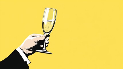 Hand raised holding a champagne flute, thumb and three fingers tightly around the stem