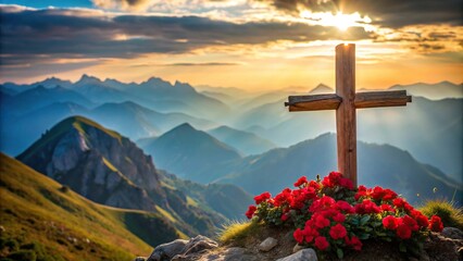 Silhouette of wooden cross on mountaintop with red flowers