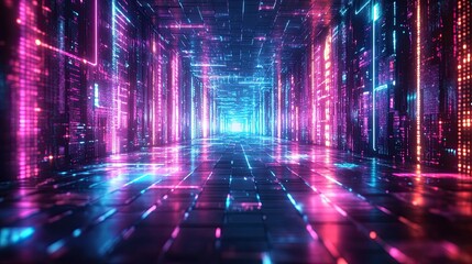 10. A retro futuristic background with vibrant neon grids stretching into the distance, featuring colorful geometric shapes and glowing, symmetrical patterns. The design is reminiscent of 1980s