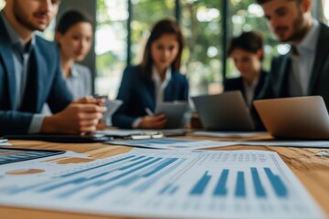 Business team reviewing detailed market reports and brand performance charts during a formal meeting, Market Analysis, Data-driven brand development decisions