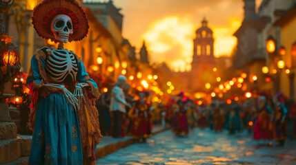 Fototapeta premium Spirit of the Fiesta: A captivating Catrina, adorned in vibrant attire, presides over a bustling Day of the Dead celebration, illuminated by the golden hues of sunset in a historic Mexican town. 