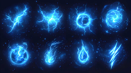 A collection of blue electric energy effects on a dark background.