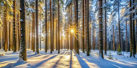Obraz premium Silhouette snowy forest scene with tall pine trees and sunlight filtering through the branches wallpaper