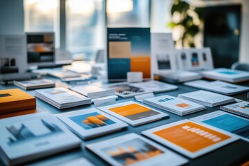 Printed product catalogs and marketing materials laid out on a conference table, Brand Identity, Building brand presence through tangible media