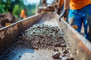 Naklejka premium Concrete Mix Flowing Through A Metal Conveyor Belt