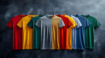 A collection of colorful t-shirts arranged in a row against a textured background.