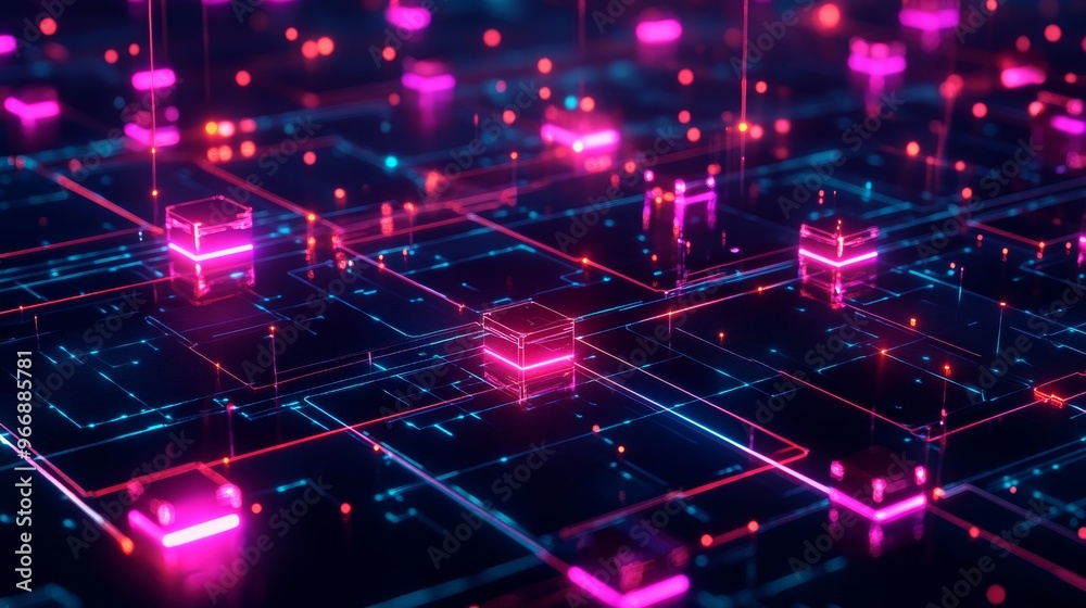 Poster Multiple computers are interconnected in a digital network, each linked by glowing lines that create a vibrant and engaging visual representation of technology