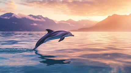 Dolphin leaping at sunset over calm ocean with mountains in background, serene wildlife and nature concept