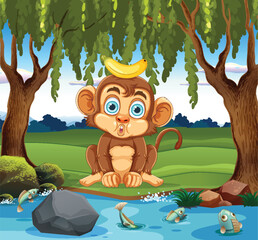 Monkey Balancing Banana by River