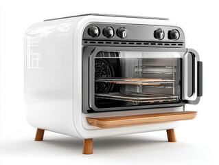 Fototapeta premium White retro oven with open door and wooden legs