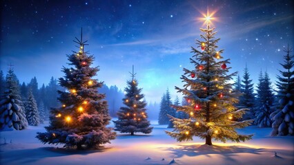 Silhouette winter spruce trees decorated for Christmas night