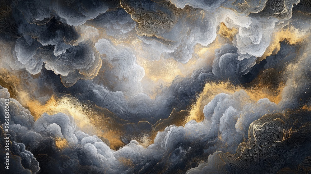 Fototapete layers of abstract clouds in silver and gold swirl across a dark background, blending with soft ink 