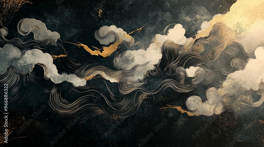 Fototapete layers of abstract clouds in silver and gold swirl across a dark background, blending with soft ink 