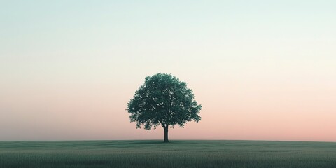 Solitary tree standing tall in a wide-open field at dusk, with minimalist design focusing on the gentle transition of light and shadow in a serene landscape