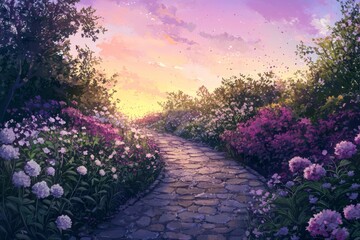 Serene Flower Garden With A Cobblestone Path Meandering Through Blooming Flowers And Under A Soft Twilight Sky. Cozy Vibe, Generative AI 