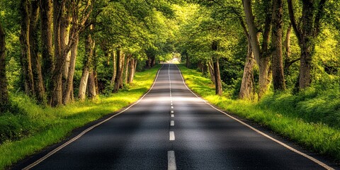 Obraz premium An empty road surrounded by trees and grass 