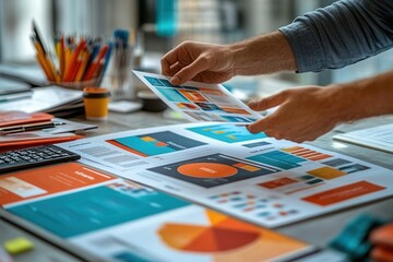 Hands flipping through branded presentation slides on printed paper, Presentation Materials, Strengthening brand awareness during office presentations