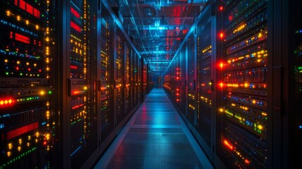 Amidst the hum of technology, a bustling data center showcases numerous servers and network devices lit by colorful LED lights, highlighting its operational intensity