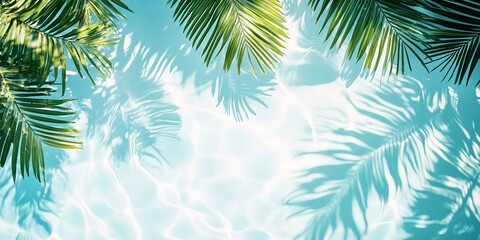 palm tree leaves Top view of tropical leaf shadow on water surface. Shadow of palm leaves on white background. Beautiful abstract background concept banner for summer vacation at the beach