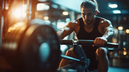 A dedicated gym member exercises on a rowing machine, showcasing impressive muscle definition under bright lights in a modern fitness center, emphasizing strength and determination
